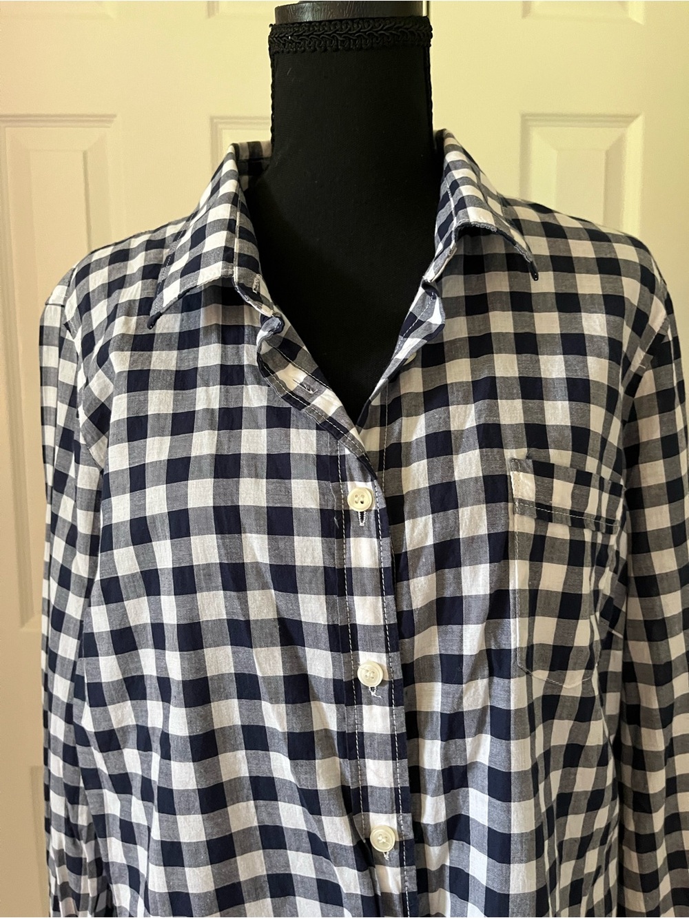 J.Crew Factory Women's Large Navy White Gingham Button-Up Shirt - Picture 2 of 7